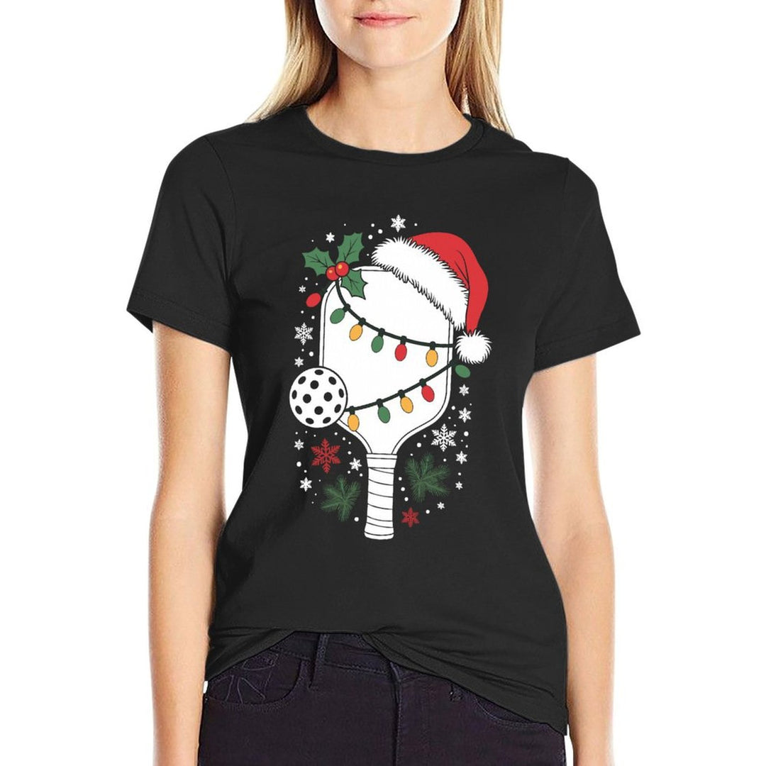 Funny Pickleball Christmas Lights And Santa Hat Snowflakes  Cotton T-Shirt