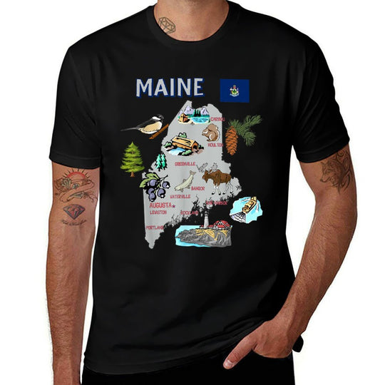 Map of Maine State, Landmarks, Major Cities, Flag, USA  Fade-proof Color T-Shirt