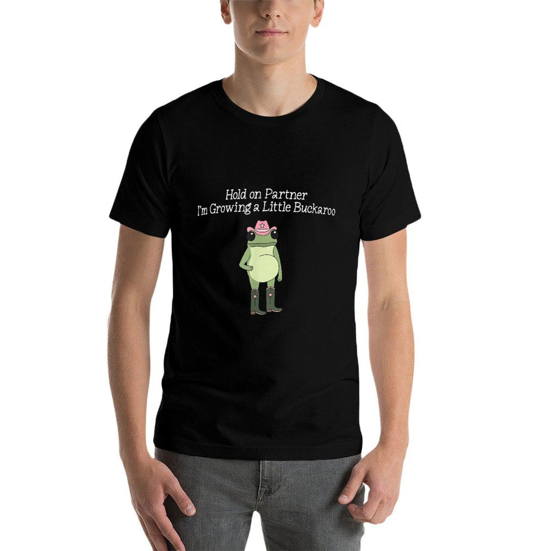 Hold On Partner Im Growing A Little Buckaroo Frog Pregnancy  Eco-friendly Material T-Shirt