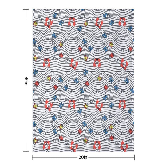 Grafic Waves from Stripes with Fish And Crabs. Sea Seamless Pattern. Plush Throw Blanket