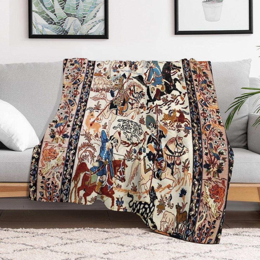 Blue Antique Persian Isfahan Silk Rug with Flowers Animals Print Anti-pilling Throw Blanket