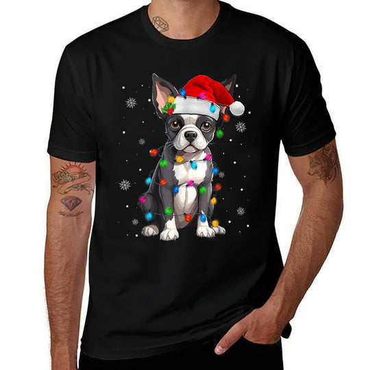 Boston Terrier Christmas Santa Hat Tree Lights Pajama  Wrinkle-resistant T-Shirt