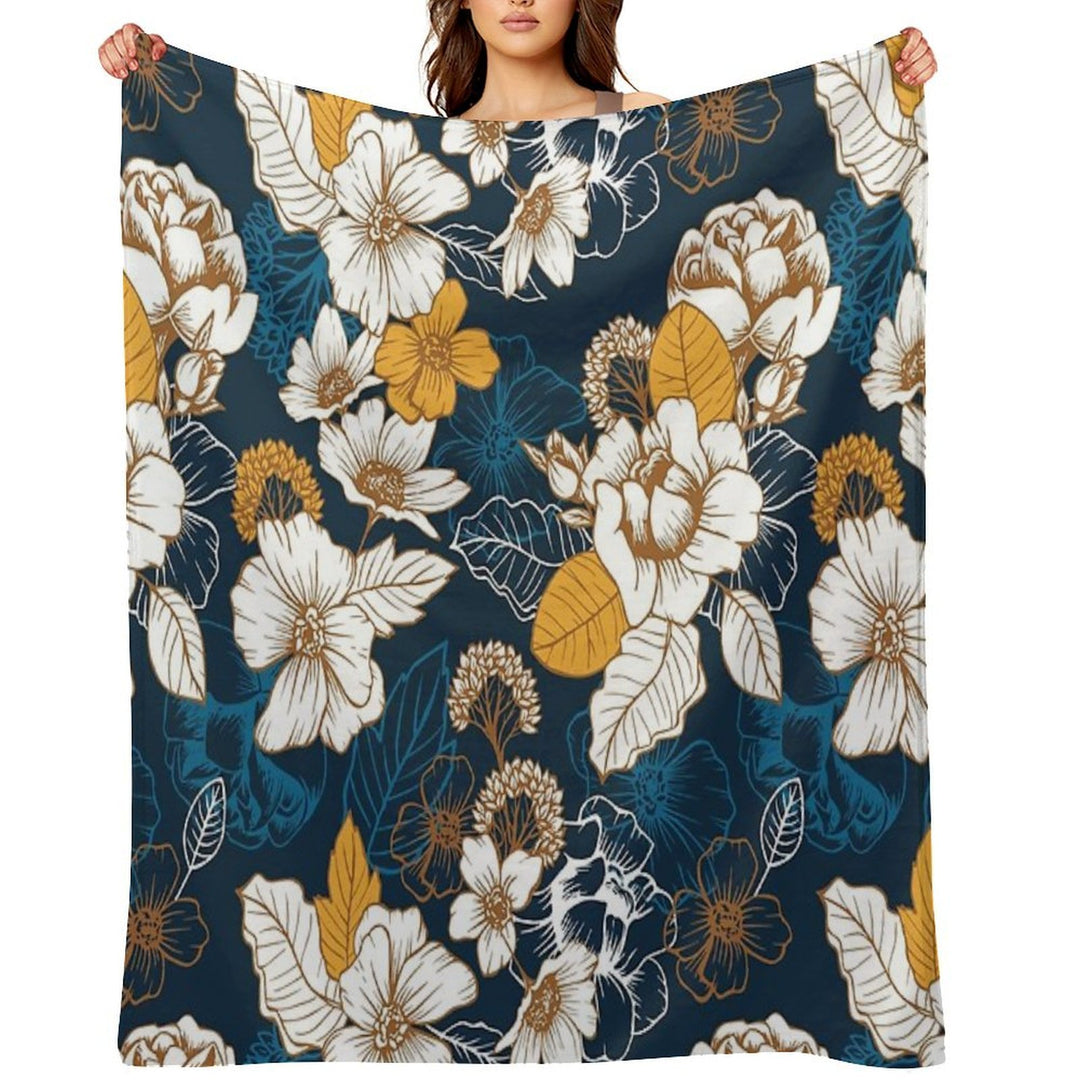 Navy And Gold Peony And Blossom Seamless Pattern Sustainable Throw Blanket