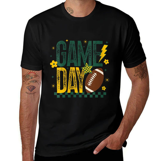 Womens Game Day Football Season Retro Green Gold Checker Touchdown  Breathable T-Shirt