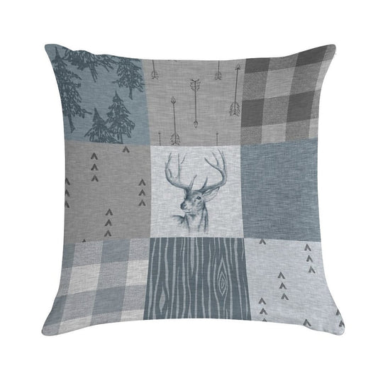 Deer Patchwork - Rustic Blue And Grey Soft Durable Construction Throw Pillow