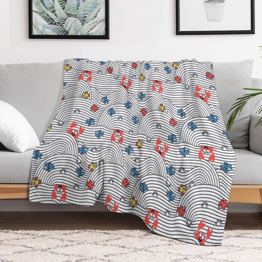Grafic Waves from Stripes with Fish And Crabs. Sea Seamless Pattern. Plush Throw Blanket