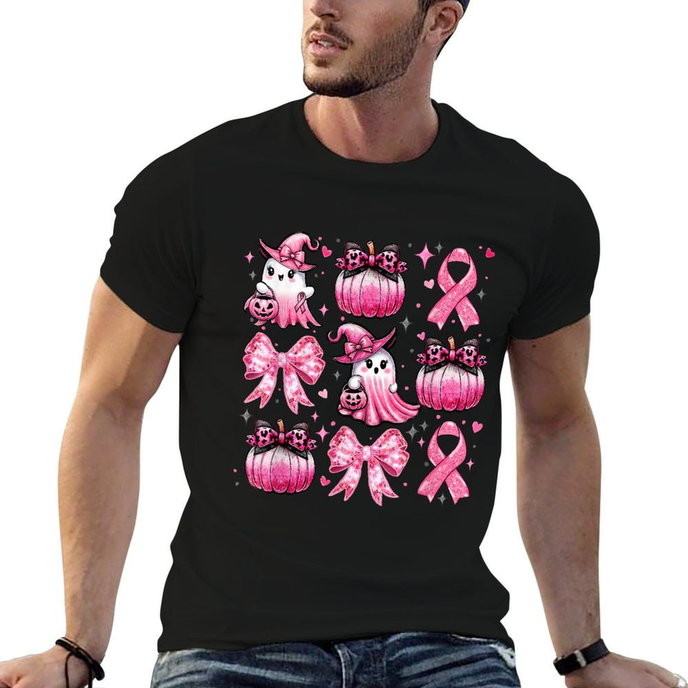 Pink Ghost Coquette Bow Halloween Breast Cancer Awareness  Rolled Sleeves T-Shirt