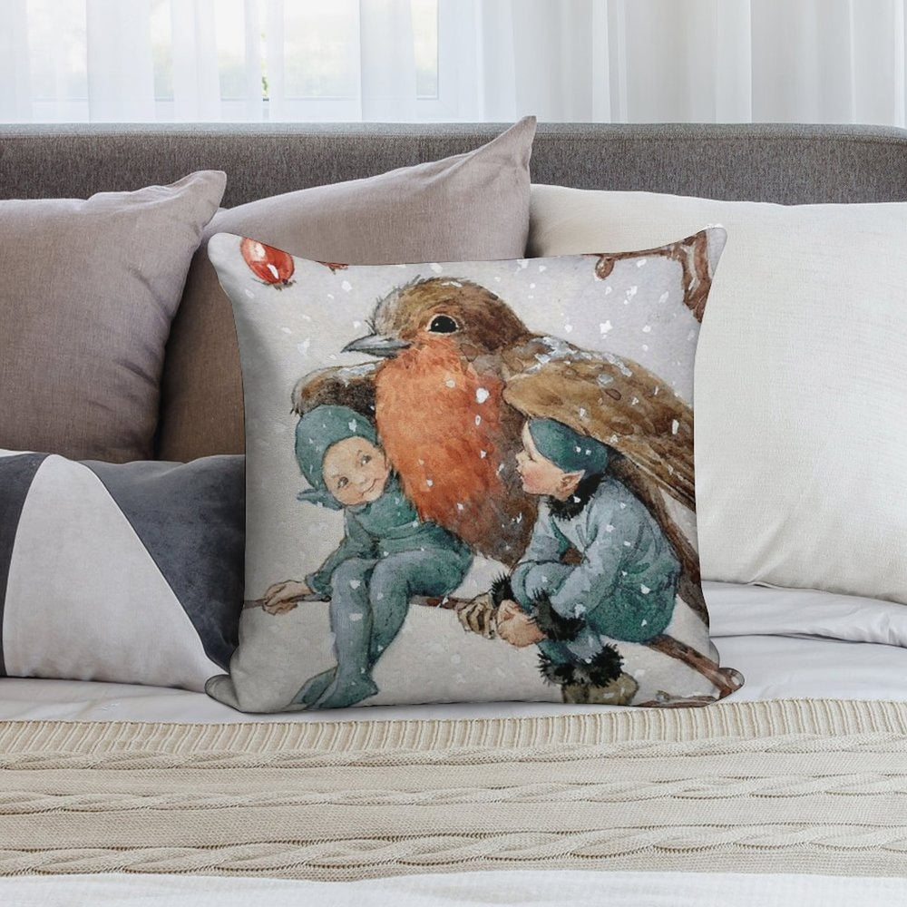 Christmas Elves Sheltering with A Robin - Margaret Tarrant Soft Ultra-Soft Texture Throw Pillow