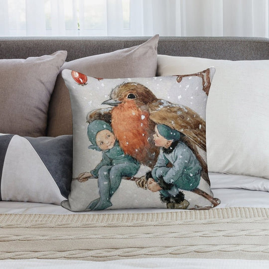 Christmas Elves Sheltering with A Robin - Margaret Tarrant Soft Ultra-Soft Texture Throw Pillow