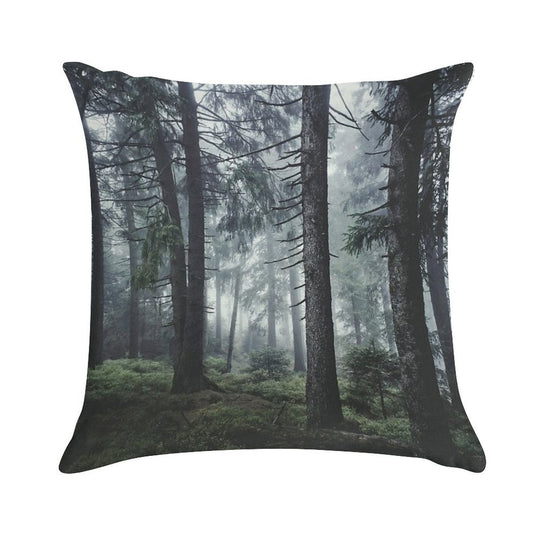 Path Vibes  Wild Romantic Misty Retro Fall Wilderness Fairytale Forest With Cascadia Trees Covered In Magic Blue Fog Season Soft Reinforced Edging Throw Pillow