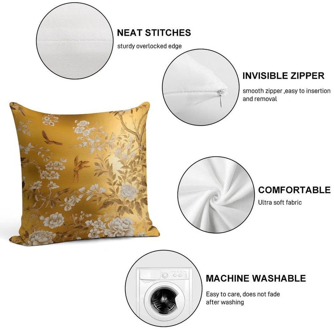 Gold Chinoiserie Floral Soft Reinforced Edging Throw Pillow
