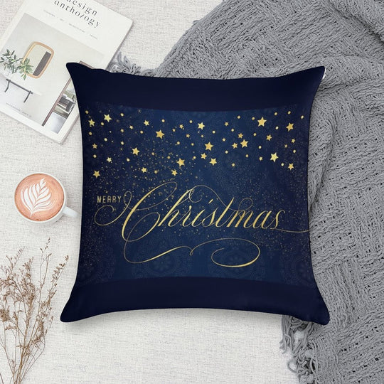Merry Christmas Navy Blue And Faux Gold Leaf with Stars Soft Anti-Pilling Throw Pillow