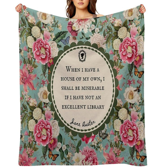 Jane Austen Library Quote, Literary, Bookish, Book Lover, Vintage Floral Flowers Machine-washable Throw Blanket