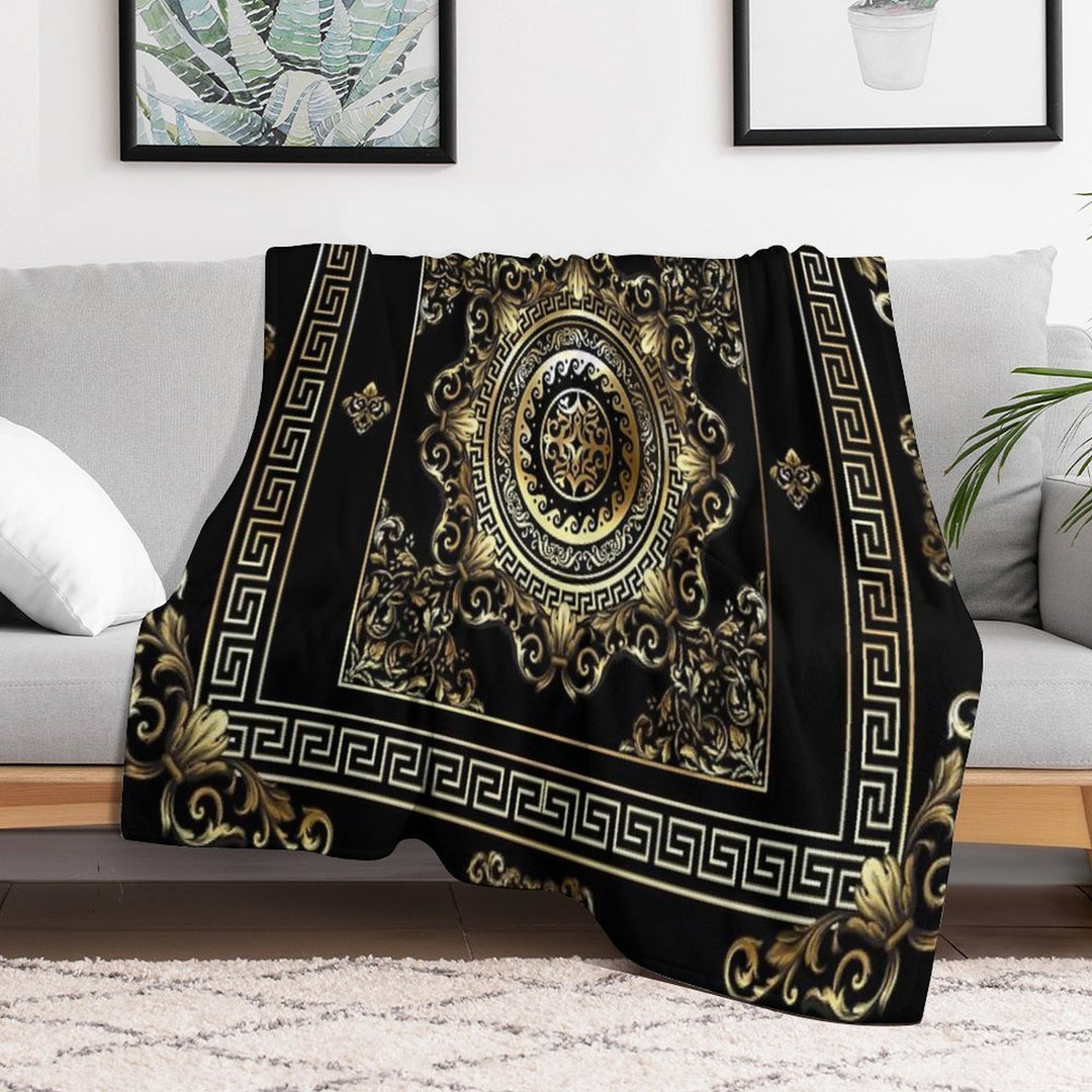 Ornate Baroque Black And Gold Greek Key Border Sustainable Throw Blanket