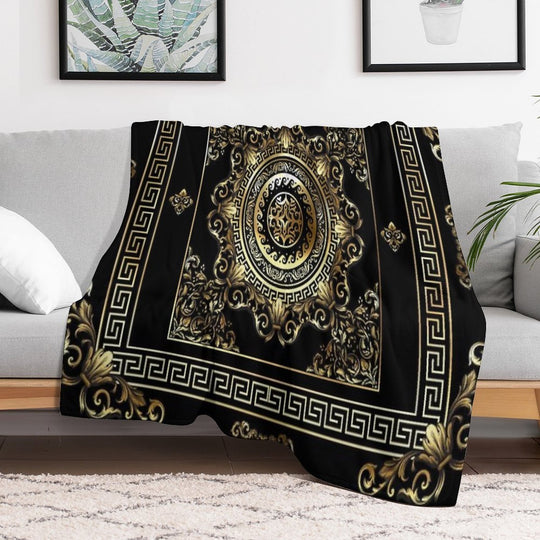Ornate Baroque Black And Gold Greek Key Border Sustainable Throw Blanket